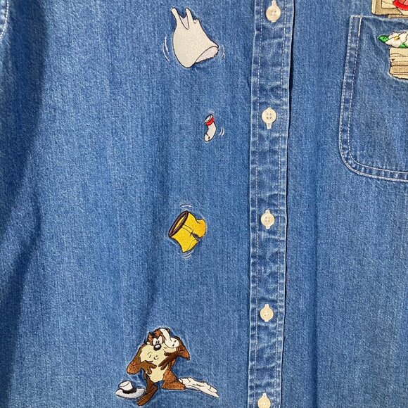 Womens Warner Brothers TAZ Denim Shirt M The Honeymoon Is Over NWT - Picture 6 of 10